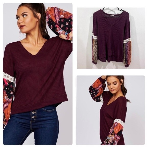 Long puff sleeve boho burgundy thermal knit mixed media top size small - Picture 1 of 8